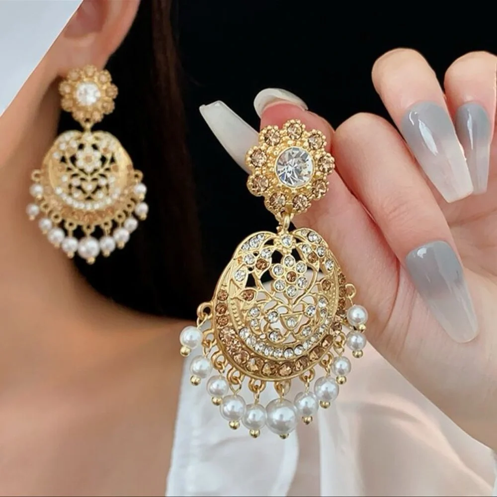 Vintage Palace Chandbali Earrings | Gold Tone Rhinestone & Faux Pearl Dangles